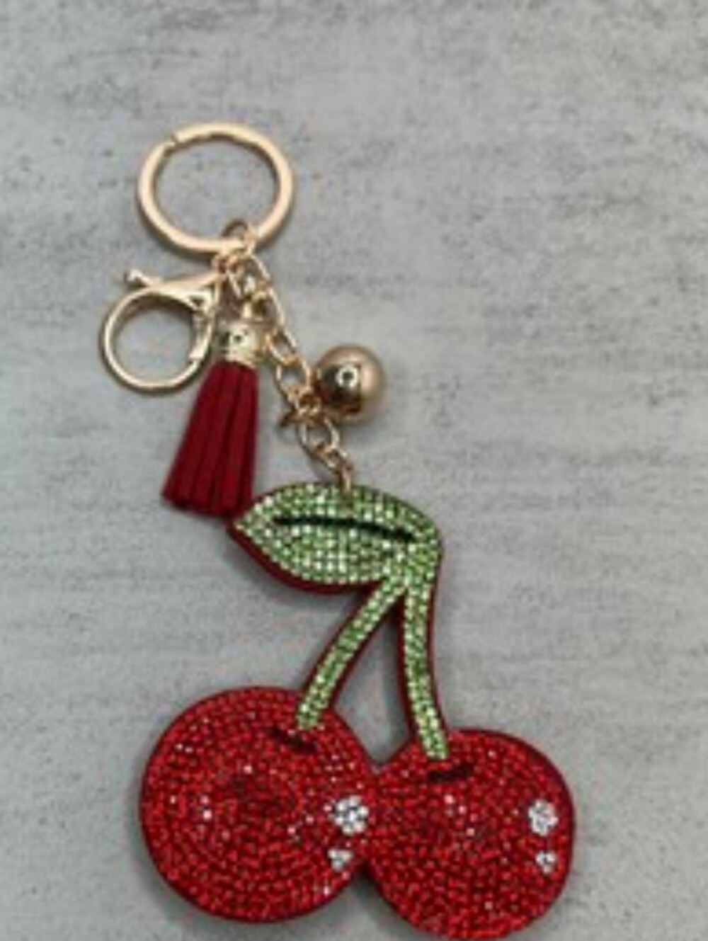 NWT FASION JEWELRY VRhinestone Cherry Keychain with Red Tassel